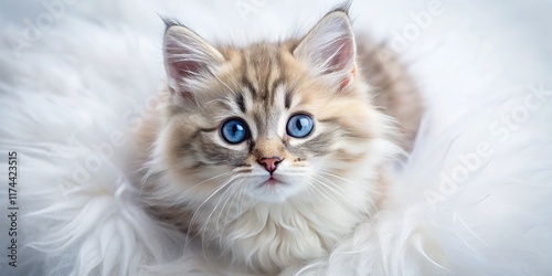 Adorable Fluffy Kitten with Striking Blue Eyes on White Background - Aerial View Stock Photo