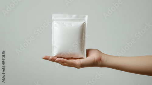 Protein Powder Bag in Hand, Studio Lighting on White Background for Health and Fitness Promotion photo
