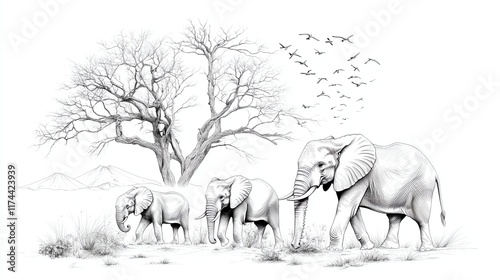 Beautiful pencil sketch of an elephant family in a serene landscape with a tree and birds, showcasing nature's harmony. photo