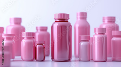 Health and Medicine Bottles in Pink on Clean White Background for Wellness Advertising photo