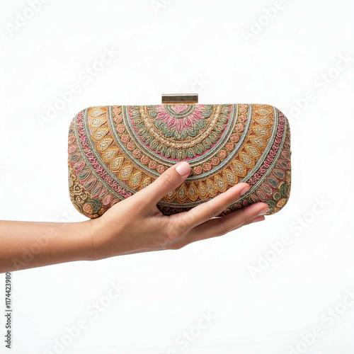 hand holding embroidered indian clutch on white background