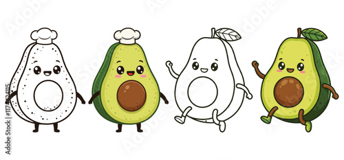 Cute vector set of avocado fruit character in vector illustration with white background 