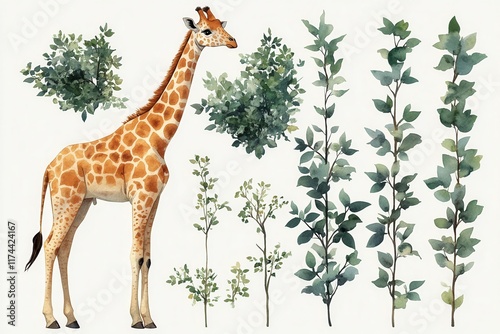 A watercolor illustration featuring a giraffe alongside various green plants and foliage.