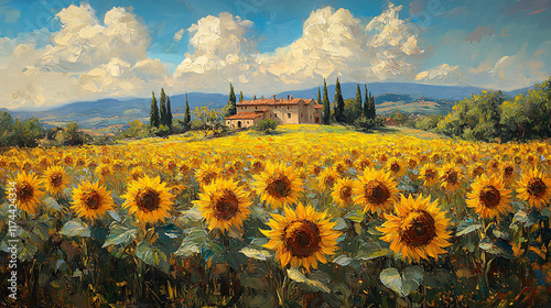Stunning oil painting depicting a vibrant sunflower field. Its modern aesthetic captures the beauty of nature in a contemporary style.
