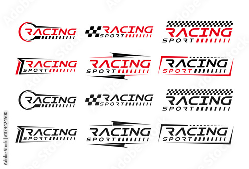 Race sport car stripe stickers, checker decals. Motocross competition retro emblems, motorsport championship or rally racing tournament vintage vector symbols