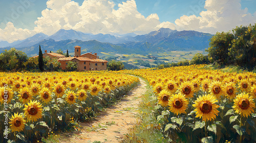 Stunning oil painting depicting a vibrant sunflower field. Its modern aesthetic captures the beauty of nature in a contemporary style.
