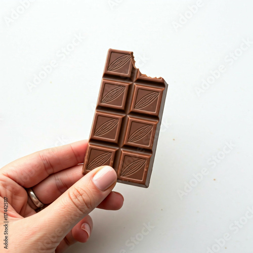 closeup of a hand holding a bitten chocolate bar on a white background