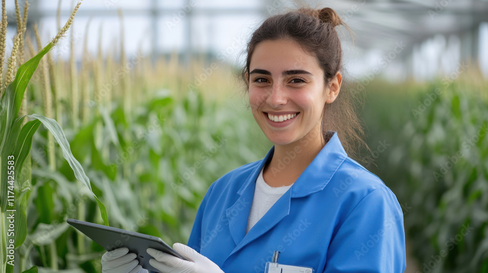 Arabian woman farmer agronomist using digital tablet for examining corn Arabian woman farmer agronomist using digital tablet for examining corn