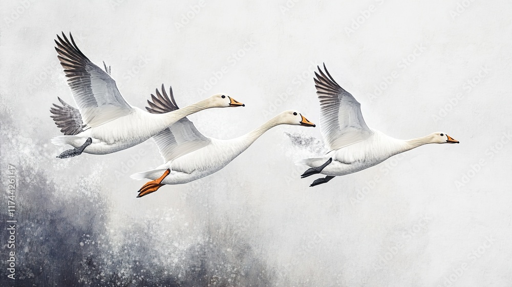 Fototapeta premium Three Snow Geese in Flight: A Stunning Wildlife Image