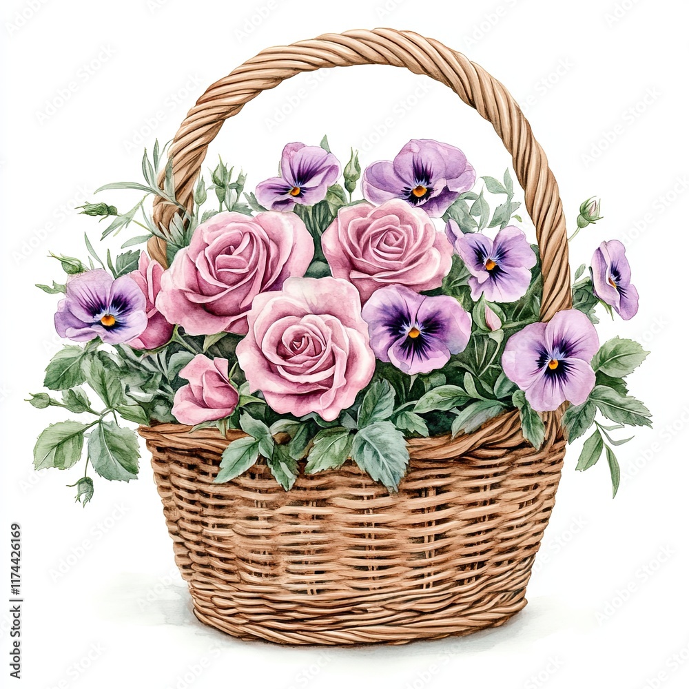 Obraz premium Basket of Pink Roses and Purple Flowers, Beautiful wicker basket filled with pink roses, purple flowers, and lush green leaves, creating a charming floral arrangement perfect for gifts and decor.
