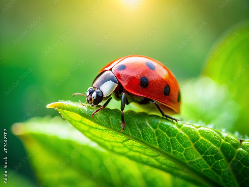 Adorable Ladybug Close-Up: Coccinella septempunctata on Green Leaf with Copy Space