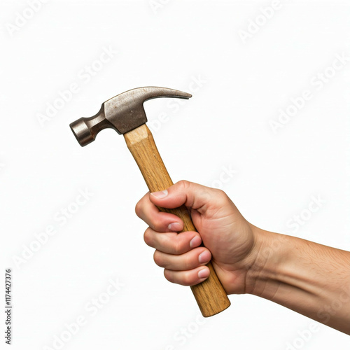 closeup of a hand holding a hammer isolated on white background