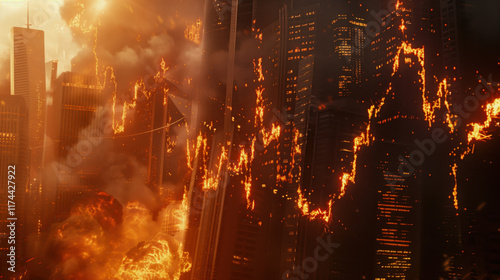 Flames shaped like a down financial market trends engulf a city skyline, symbolizing an apocalyptic event with burning buildings and destruction visible in the background. photo