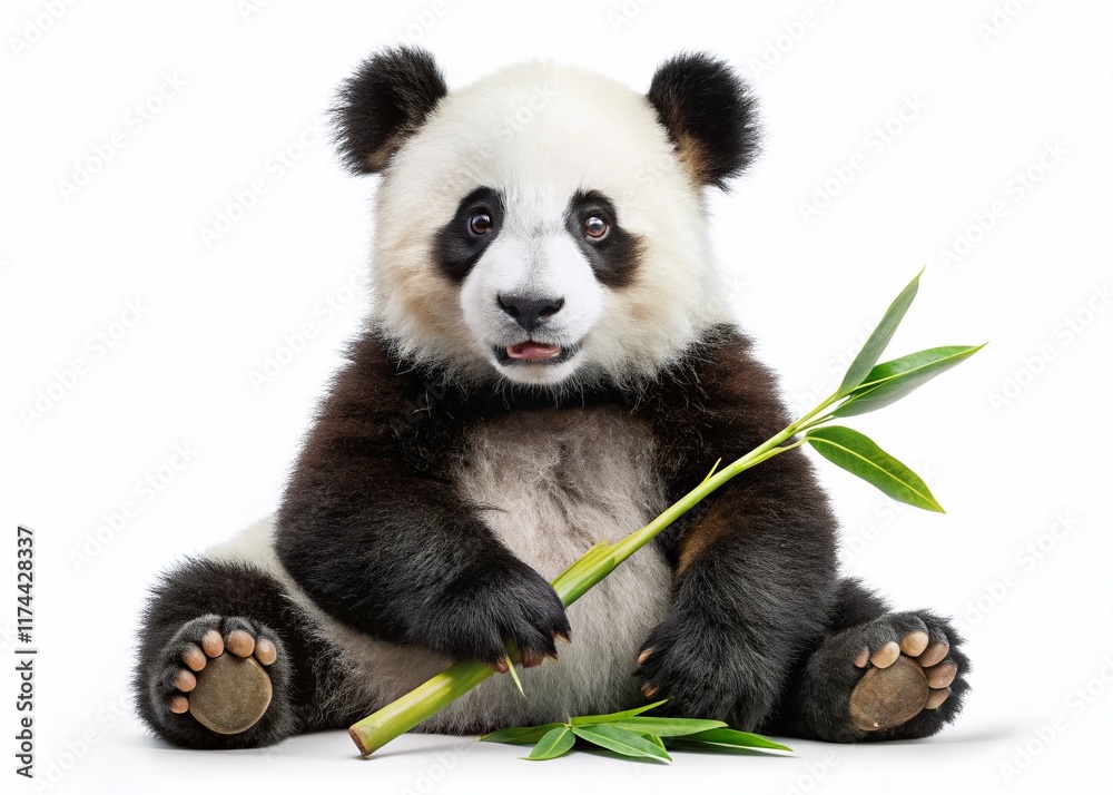 Naklejka premium Adorable Panda Cub Holding Bamboo, Isolated on White Background