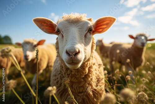 presence of both livestock and meadows represents harmonious relationship between happy sheep, lush fields, and crucial role they play in agriculture and pastoral customs photo