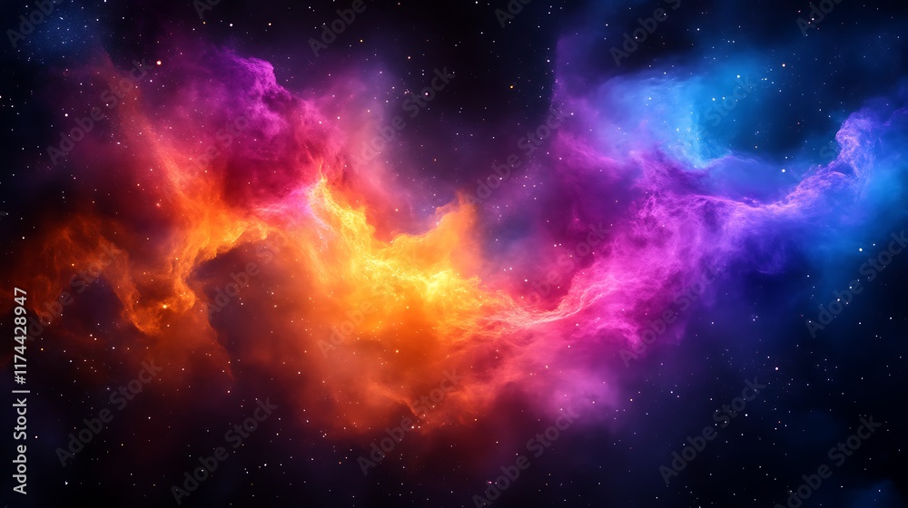 Naklejka premium Cosmic Nebula Swirls Vibrant Hues Across Starry Space
