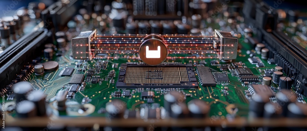 Obraz premium Futuristic Motherboard CPU Data Flow Like Symbol 3D Render