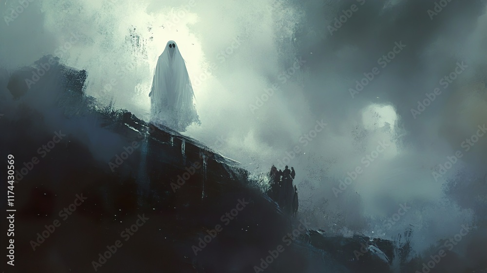 Fototapeta premium Ghostly Figure on a Cliff, Eerie Fog, Spooky Scene