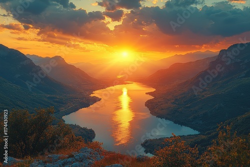 Dramatic panoramic landscape of the mountains, river, cloudy sky with sun flare in the sky