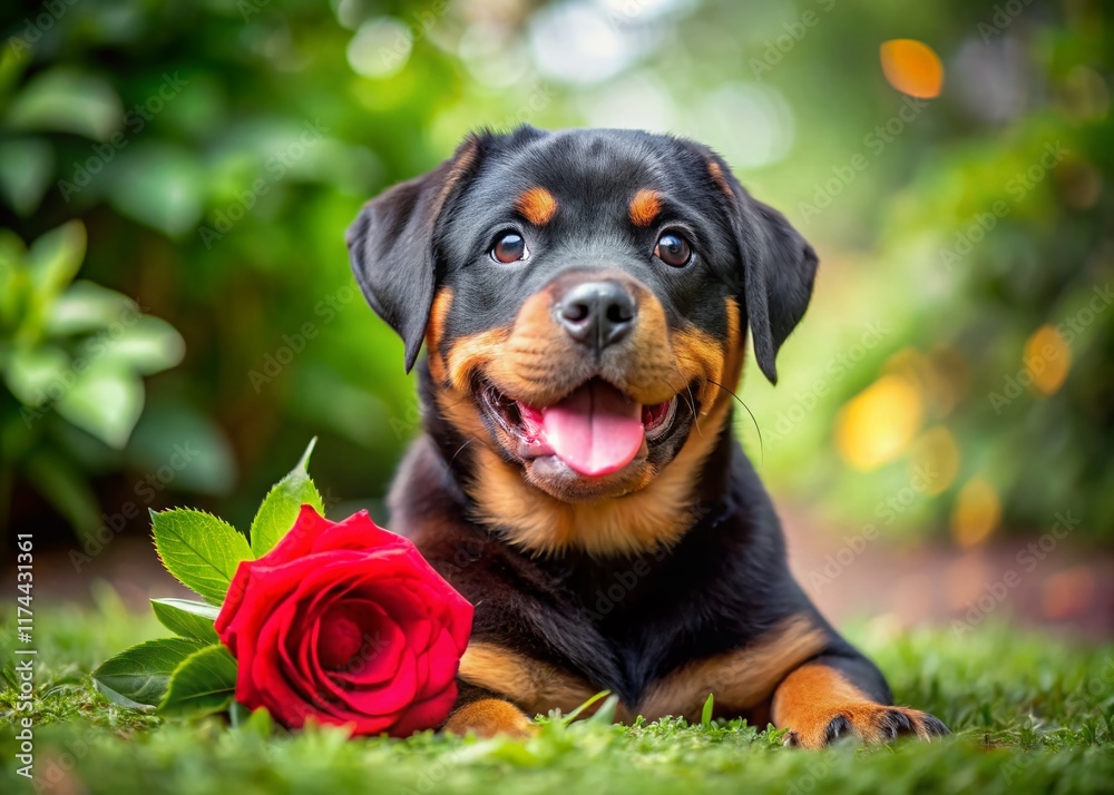 Adorable Rottweiler Puppy with Rose, Macro Garden Photography Adorable Rottweiler Puppy with Rose, Macro Garden Photography