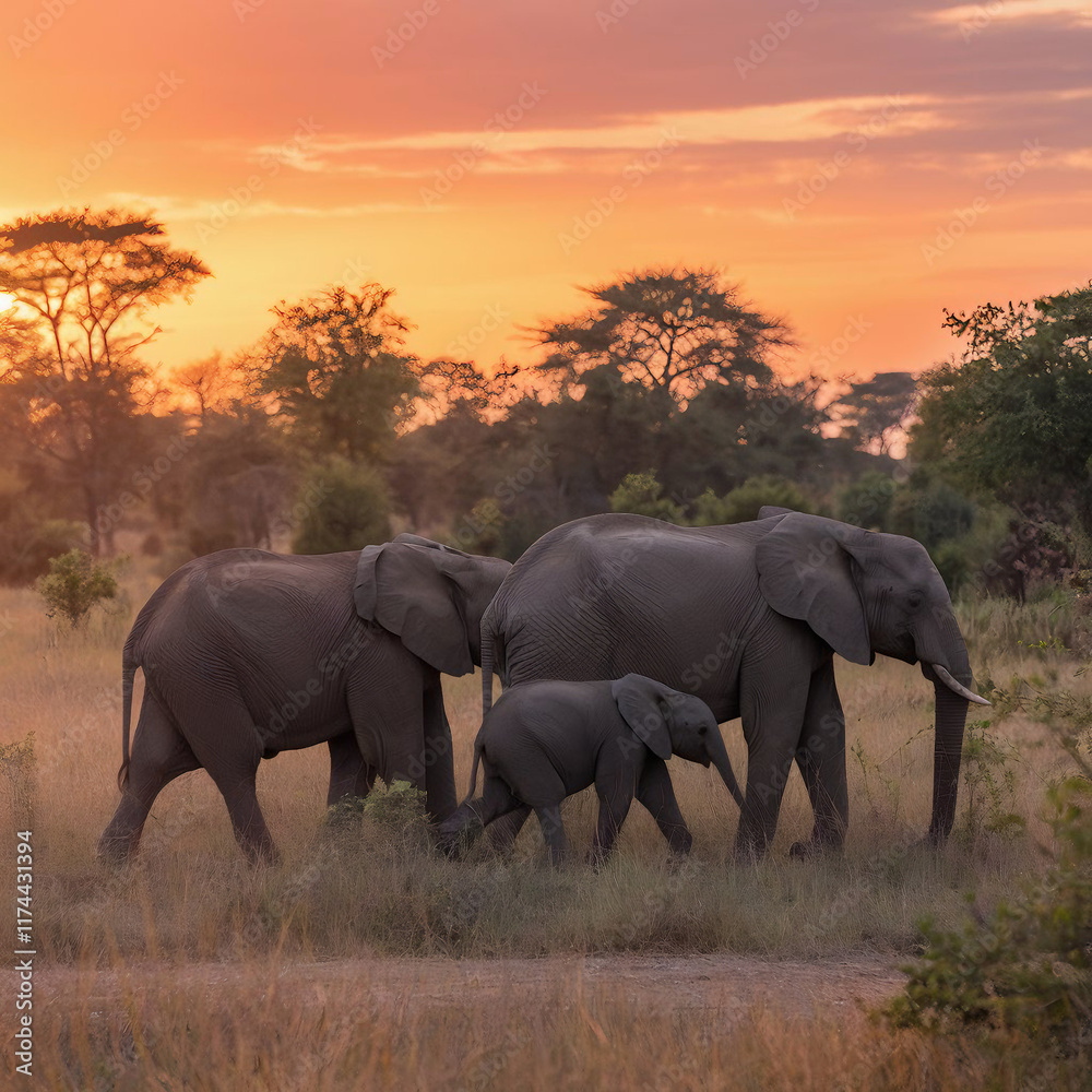 Fototapeta premium Elephant family walking across a savannah under a golden sunset