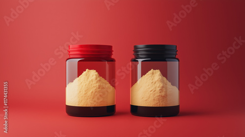 Close-up of whey protein and creatine supplements, ideal for fitness and bodybuilding., red background photo