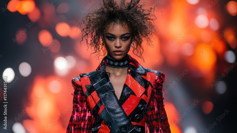 A runway model dressed in fashionable clothes, walking through a high-fashion event, with sharp cuts and bold designs stealing the spotlight. A runway model dressed in fashionable clothes, walking through a high-fashion event, with sharp cuts and bold designs stealing the spotlight.