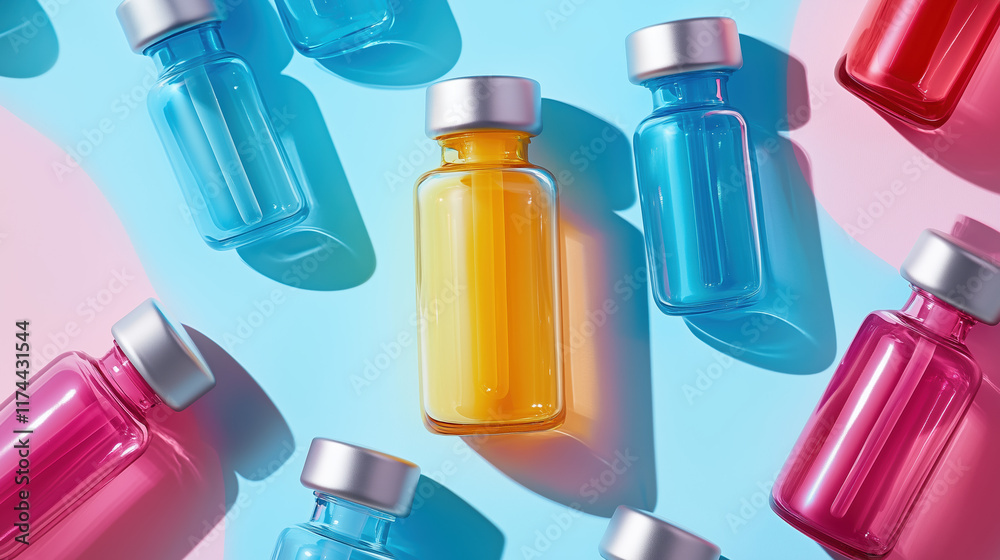 Close-up of injection bottle in colorful lighting, professional product photography. Close-up of injection bottle in colorful lighting, professional product photography.