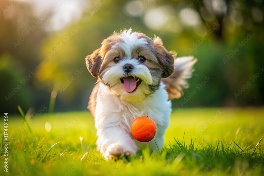 Adorable Shih Tzu Puppy Chasing Orange Ball - Candid Pet Photo