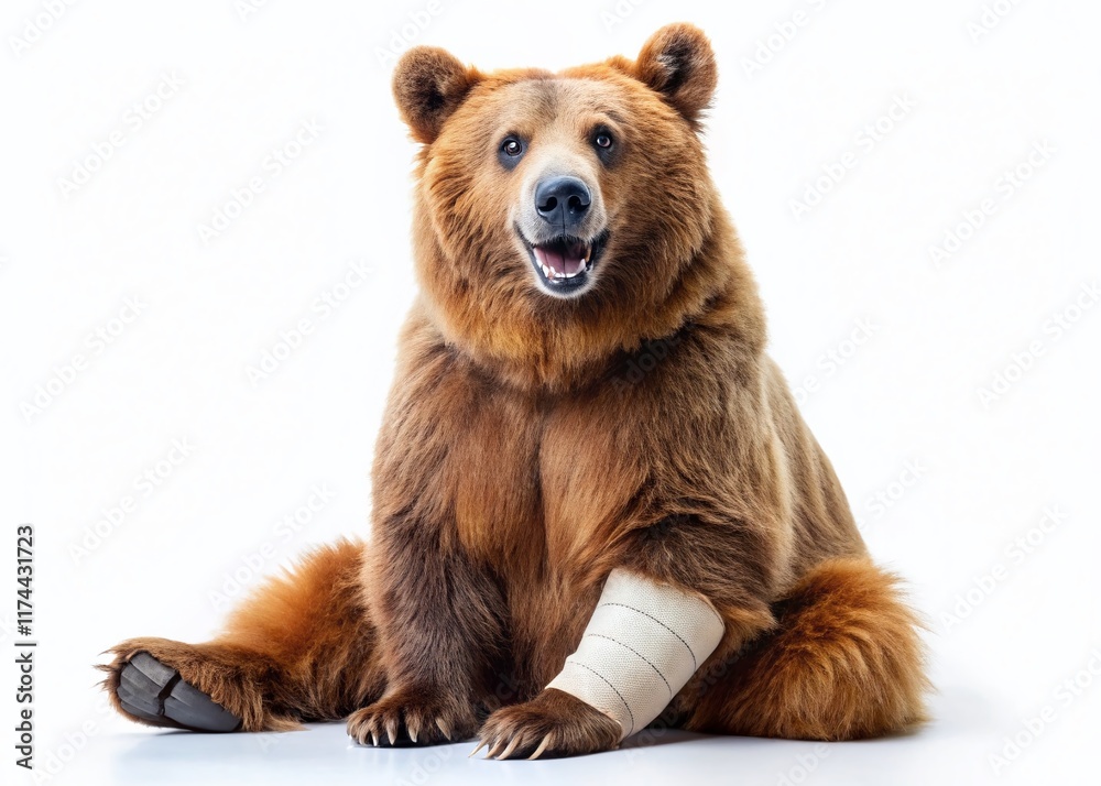 Fototapeta premium Adorable Smiley Bear with Broken Leg, Isolated on White Background