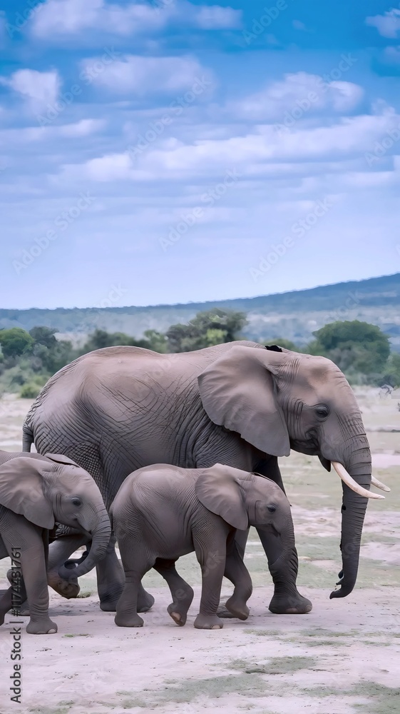 Fototapeta premium Elephant family walking across a savannah under a golden sunset