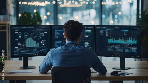 A person analyzes data on multiple computer screens in a modern office, showcasing technology and analytics in a professional environment.