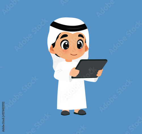 Arabic Khaliji boy holding an educational tool, a tablet