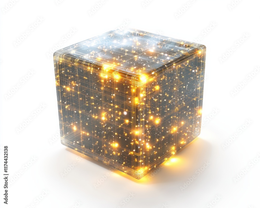 Obraz premium A glowing glass cube filled with sparkling stars and a mystical aura.