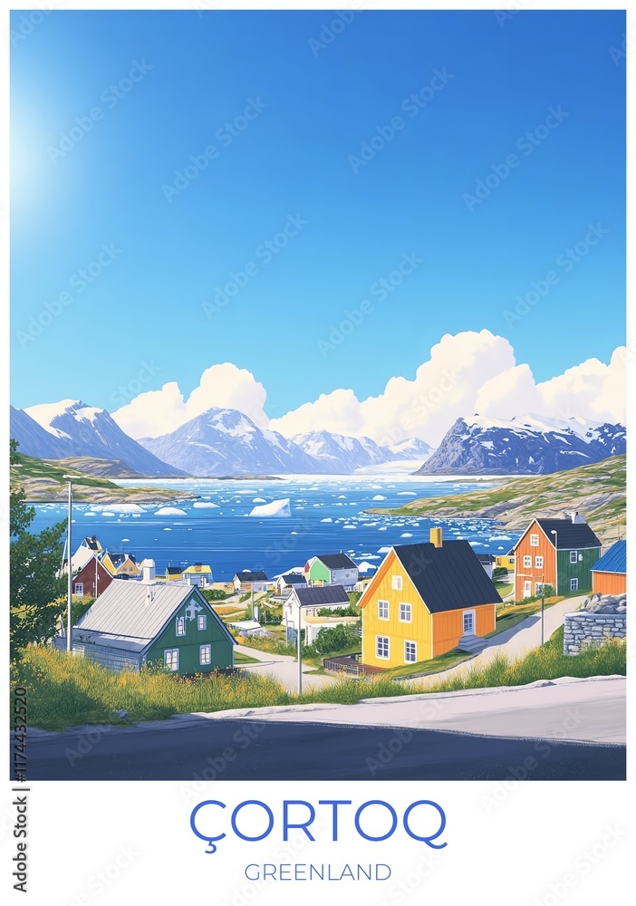 Fototapeta premium Çortoq Greenland Travel Poster Flat Illustration Print Decor Gift Canvas Wall Art Gift