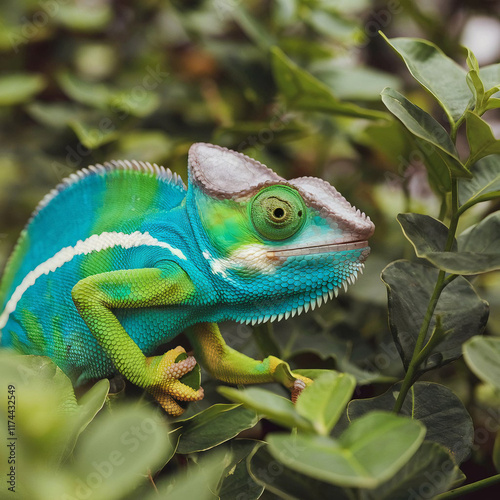 Macro shot of a colorful chameleon blending with its surroundings