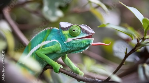 Macro shot of a colorful chameleon blending with its surroundings