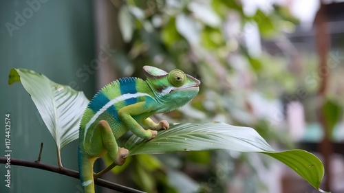 Macro shot of a colorful chameleon blending with its surroundings