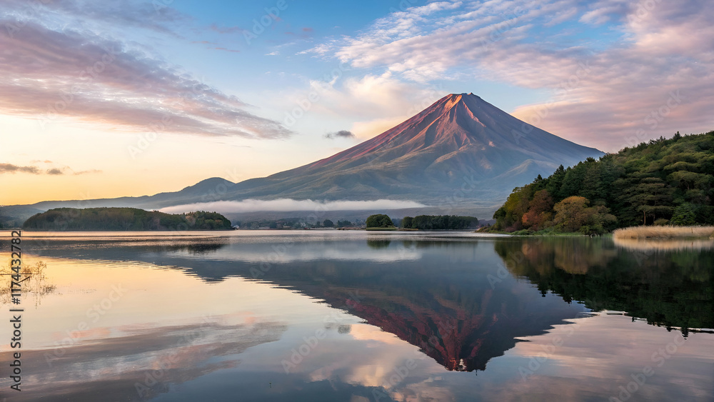 Fototapeta premium A majestic volcanic mountain bathed in morning light, beautifully reflected in the calm waters of a serene lake, creating a tranquil scene