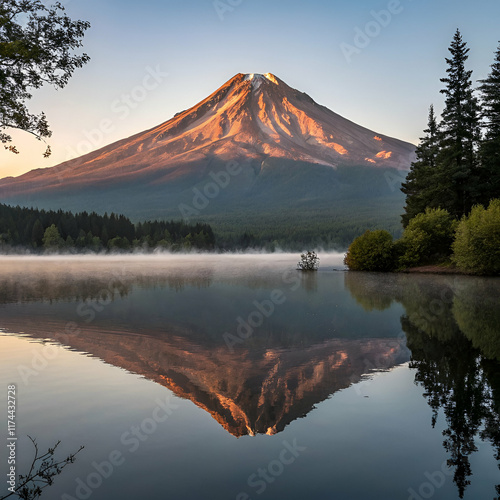 A majestic volcanic mountain bathed in morning light, beautifully reflected in the calm waters of a serene lake, creating a tranquil scene