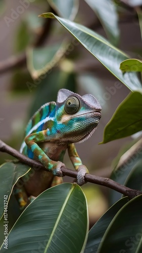 Macro shot of a colorful chameleon blending with its surroundings