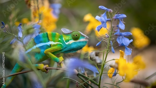 Macro shot of a colorful chameleon blending with its surroundings