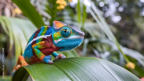 Macro shot of a colorful chameleon blending with its surroundings