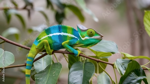 Macro shot of a colorful chameleon blending with its surroundings