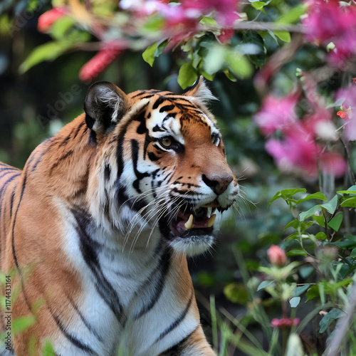 Tiger in a lush jungle setting, framed by vibrant flowers