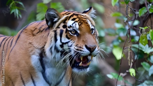 Tiger in a lush jungle setting, framed by vibrant flowers
