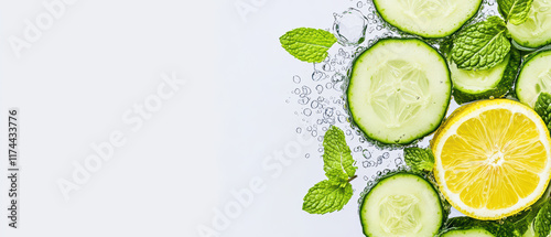 Fresh cucumber and lemon slices with mint leaves in water bubbles