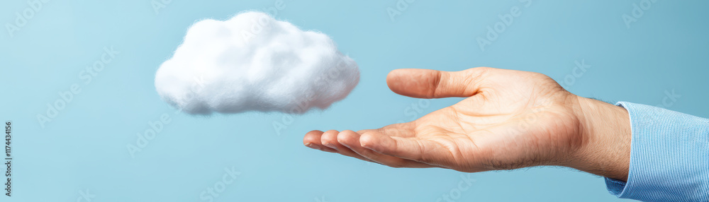 Hand reaching out to fluffy cloud against blue background Hand reaching out to fluffy cloud against blue background