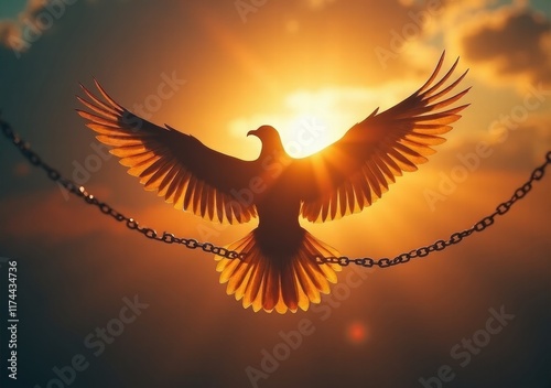 Majestic bird soaring against a vibrant sunset backdrop with chains in the foreground photo