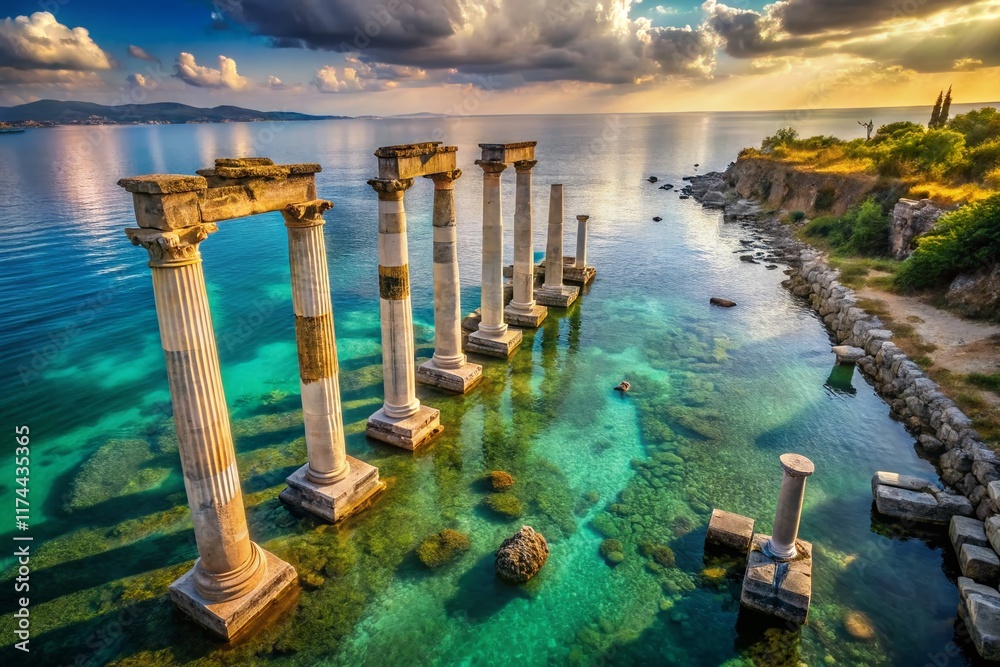 Aegean Sea Coastline Ancient Ruins Aerial Drone Shot Troy Turkey Aegean Sea Coastline Ancient Ruins Aerial Drone Shot Troy Turkey